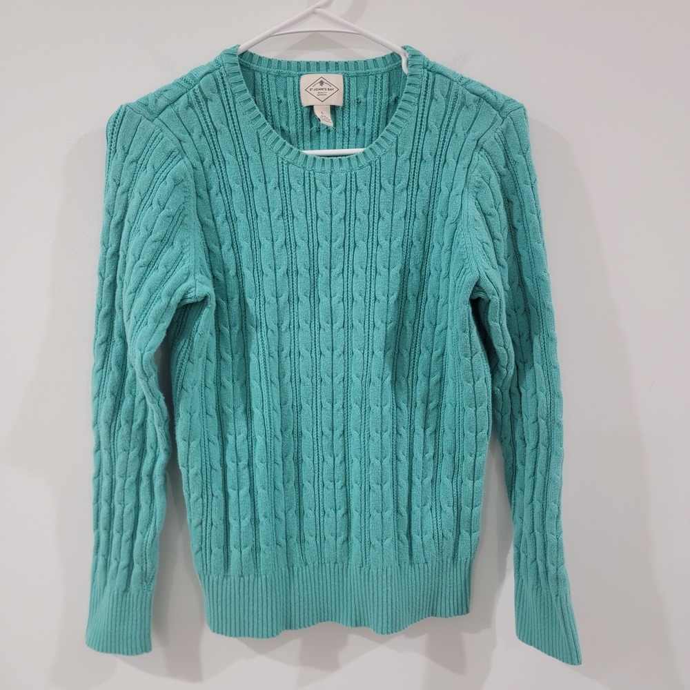 St Johns Bay Womens Sweater Size‎ Large Cable Knit Teal Cozy